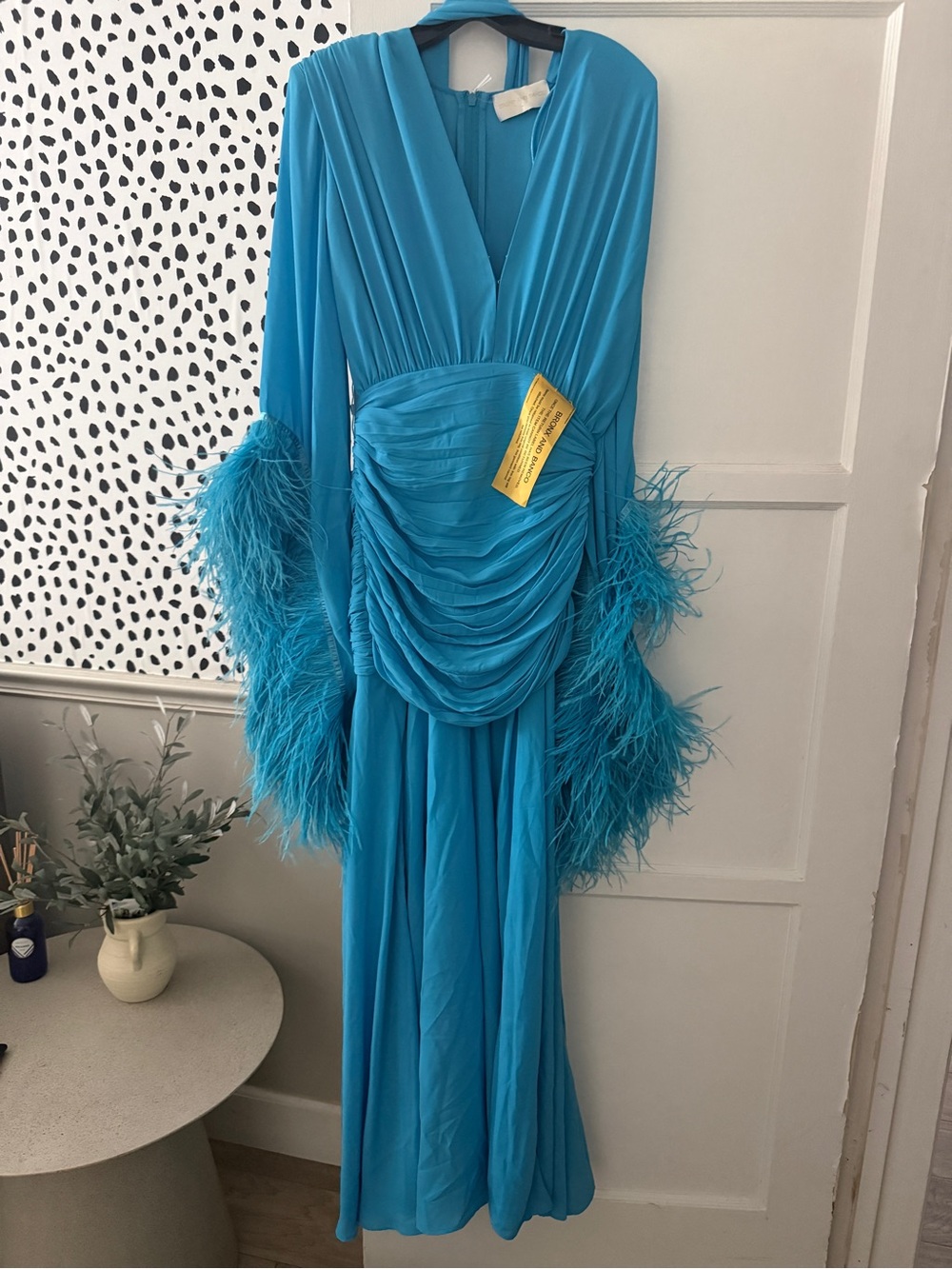 Bronx and Banco Turquoise Feather-Cuff Long Sleeve Gown